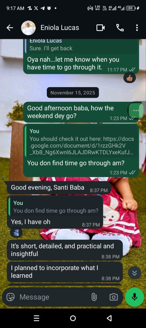 WhatsApp testimonial from Eniola Lucas calling the audit short, detailed, practical and insightful.