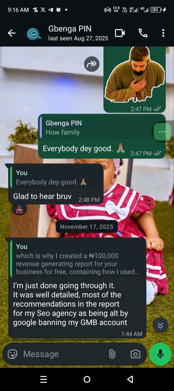 WhatsApp testimonial from Gbenga, an SEO agency owner, calling the report well detailed.