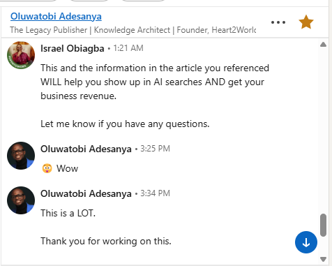 LinkedIn message from Oluwatobi Adesanya reacting to the delivered SEO work with 'Wow. This is a LOT.'