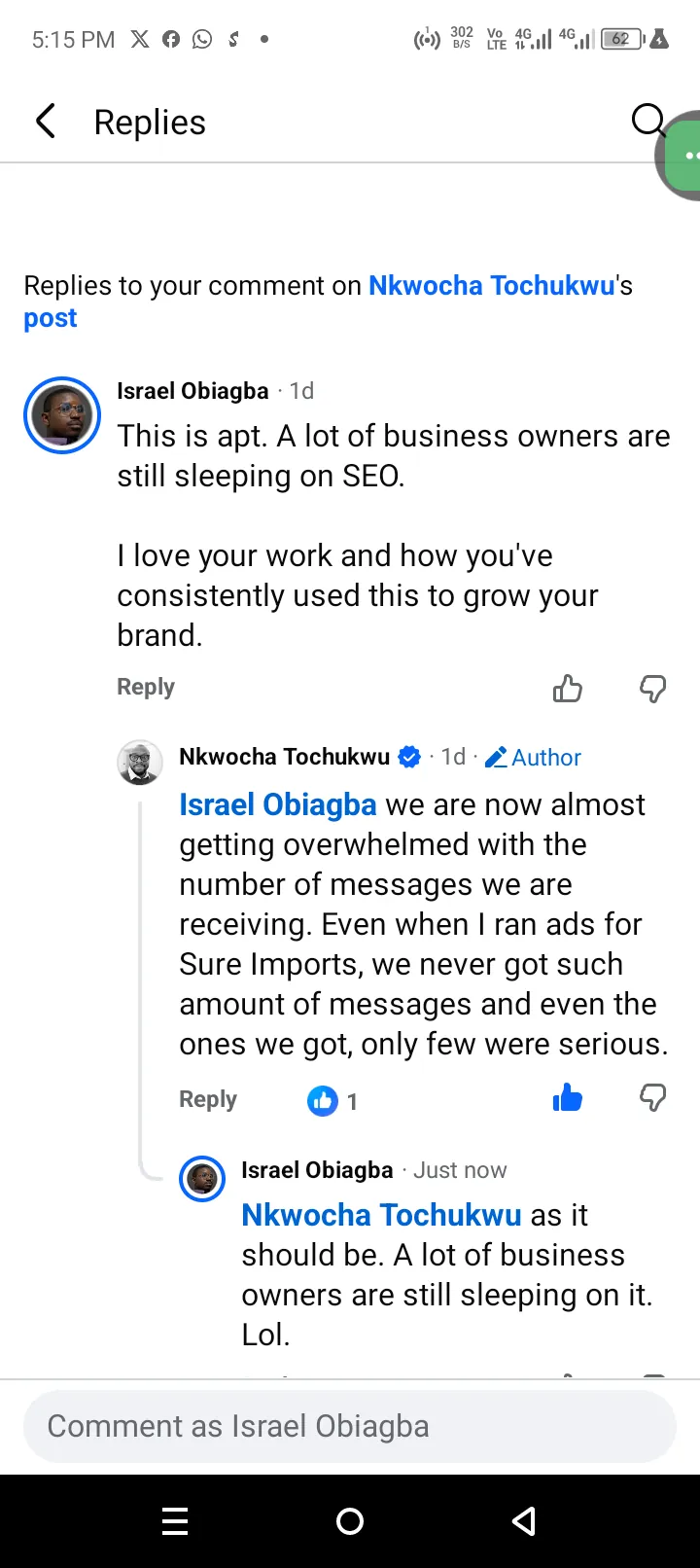 Facebook comment describing SEO as a strong client-acquisition channel