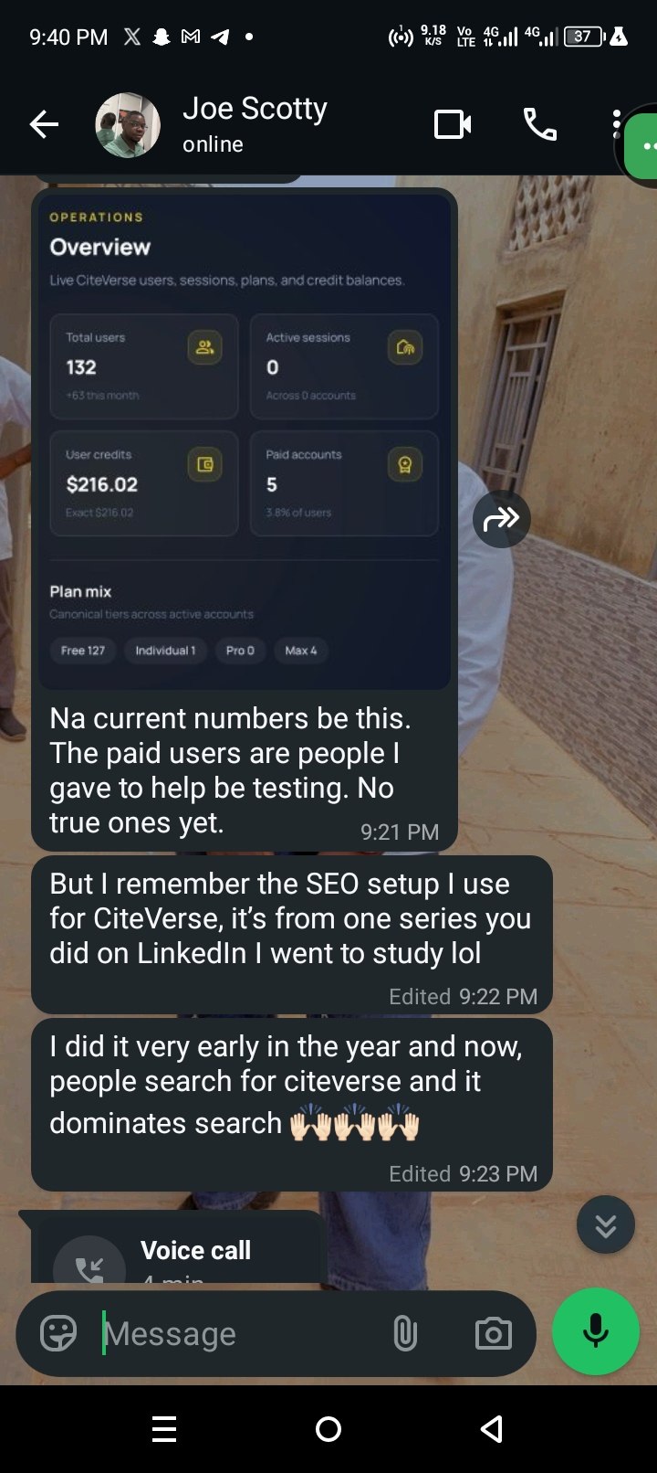 WhatsApp testimonial from a SaaS founder about the impact on their business
