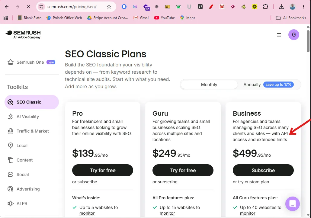 Screenshot of Semrush pricing showing a 499 dollar monthly tier